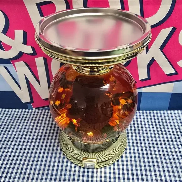 BBW Owl Fall Autumn Leave Water Globe Large 3 Wick Candle Holder Pedestal